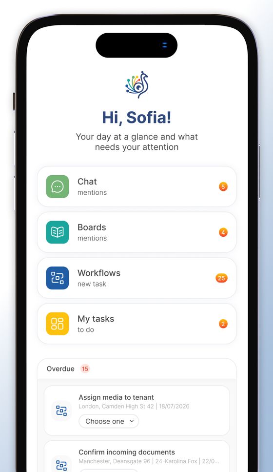 taos home screen with chat, boards, workflows and task counters