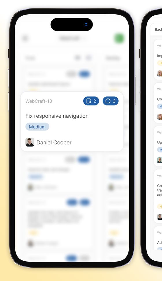 Kanban board with task cards, priorities and assignees