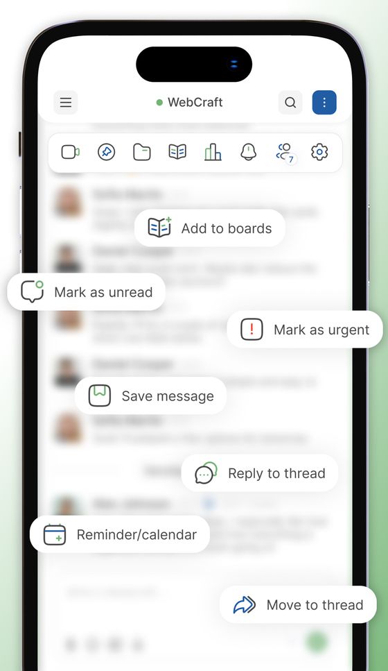 Chat message controls: mark as unread, mark as urgent, add to boards